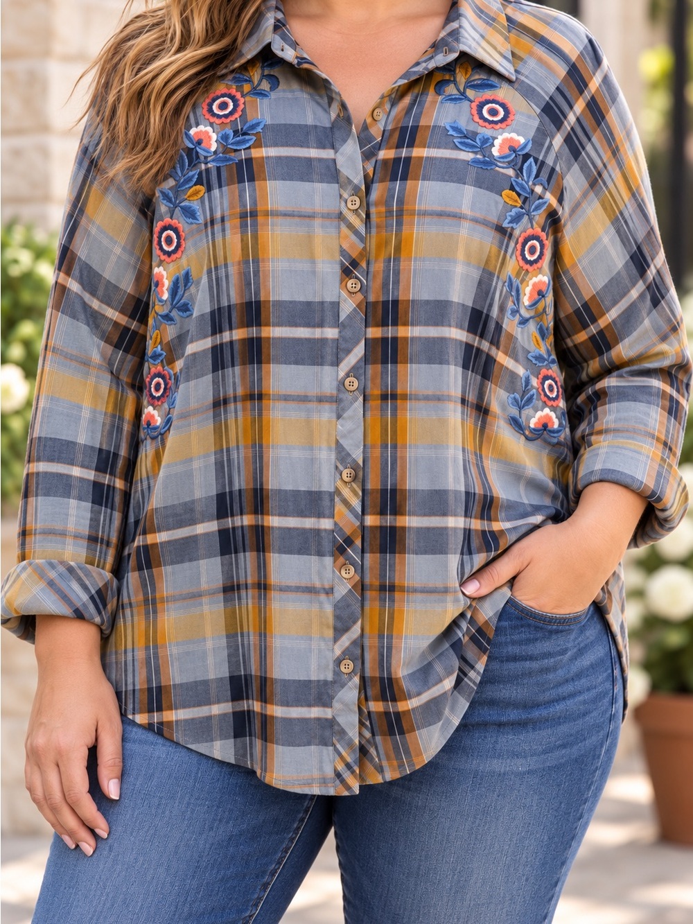 Tolani Collection Plaid Embroidered Button Down Flannel Gray & Orange 2X